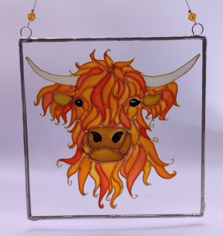 Handmade glass painted window hanging, Highland Cow