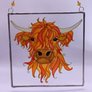 Handmade glass painted window hanging, Highland Cow