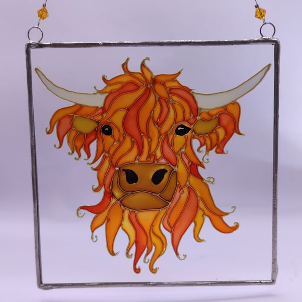 Handmade glass painted window hanging, Highland Cow
