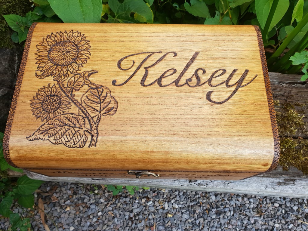 Personalised sunflower keepsake wooden box, burned with pyrography