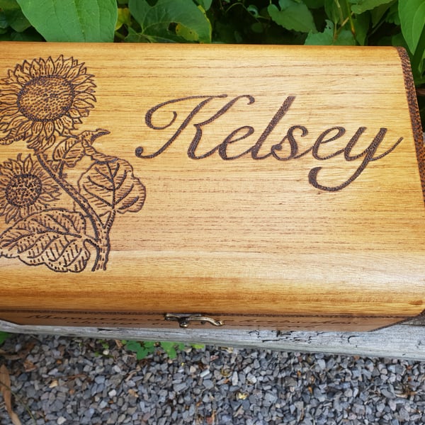 Personalised sunflower keepsake wooden box, burned with pyrography