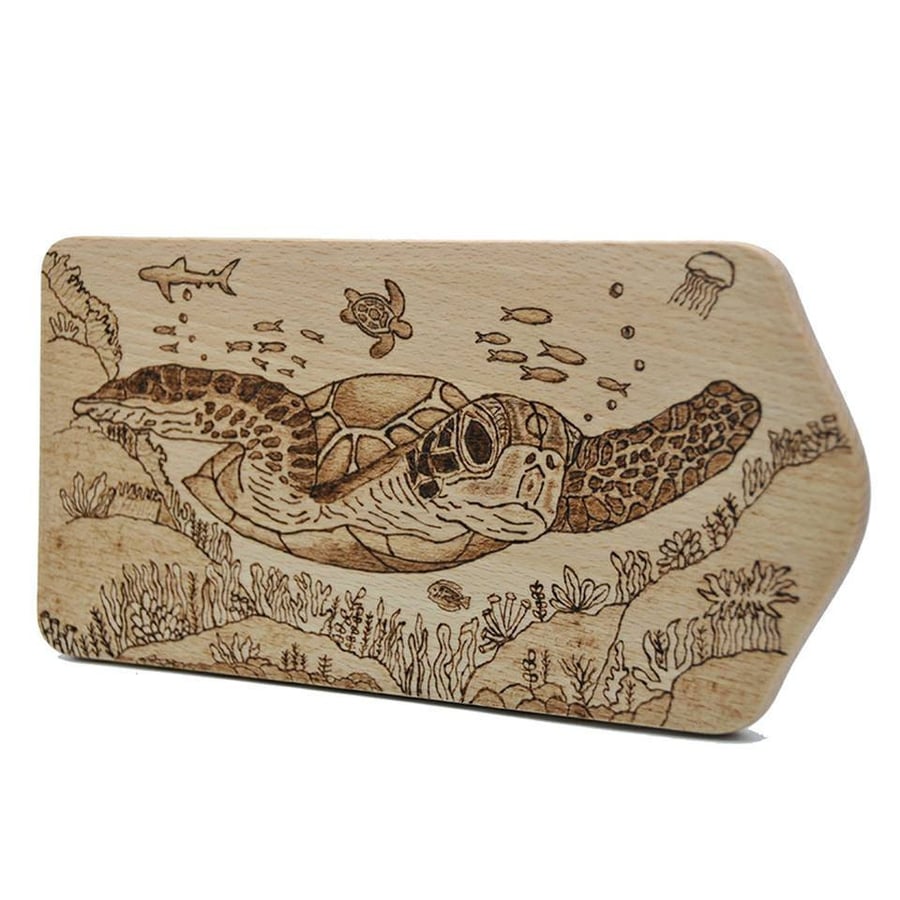 Hand Drawn Turtle Chopping Board - Wood Burning - Pyrography - Cheese Food Board