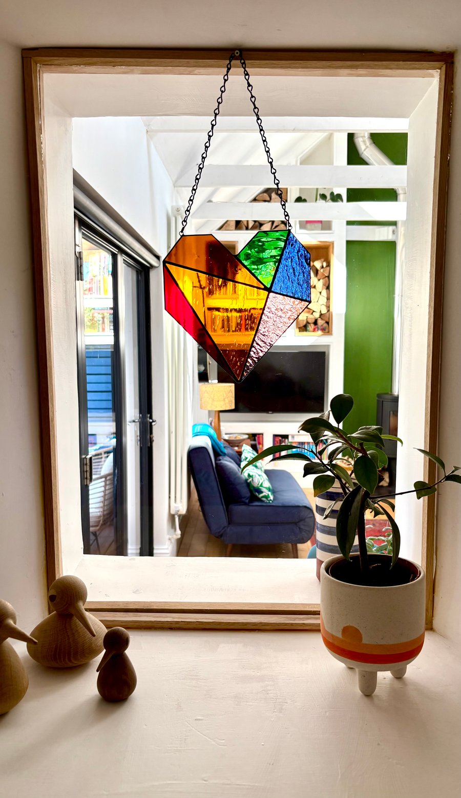 Rainbow heart stained glass suncatcher, Dopamine decor, Positive colourful art 
