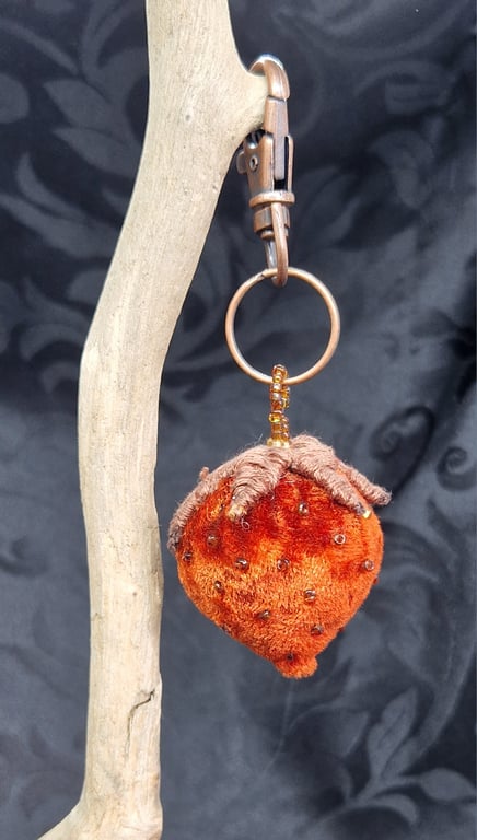 Copper strawberry textile art handbag charm,keyring 