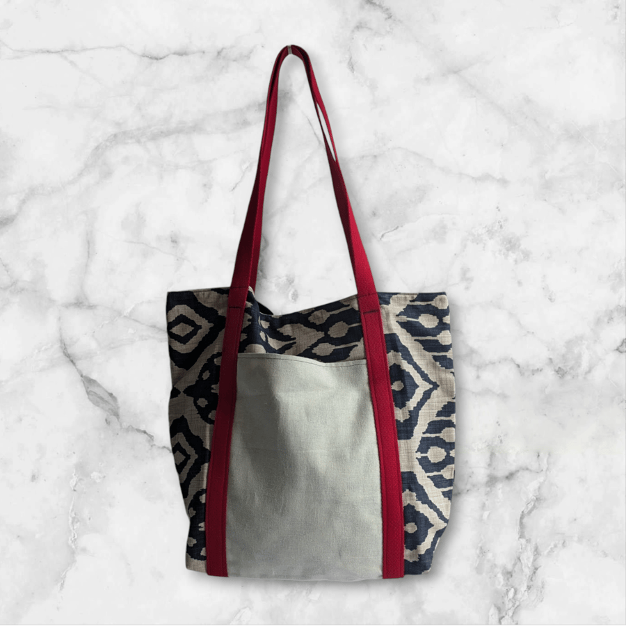  Large Lliv Marrakech Ink Blue Beige linen tote  red webbing handles