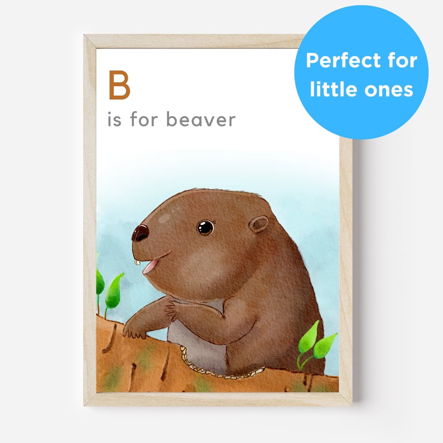 B is for Beaver Unframed Nursery Wall Art Print for Kids Bedroom Playroom