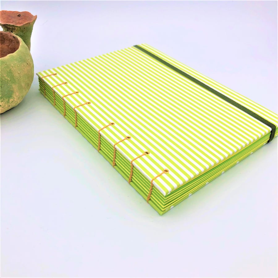Dots and Stripes Green - A5 Notebook - Coptic Stitched