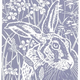 Hare at Dusk Limited edition Linocut Print, titled Midsummer Hare - Dusk