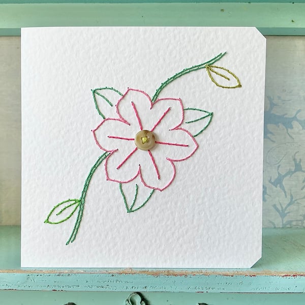 Hand Stitched Card. Flower Card. Clematis Card. Mothers Day Card. Blank Card.