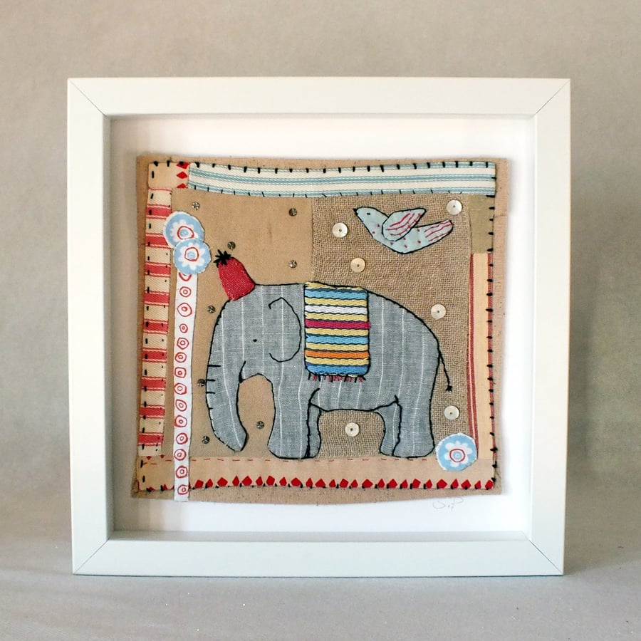 Folk art applique embroidery textile elephant picture