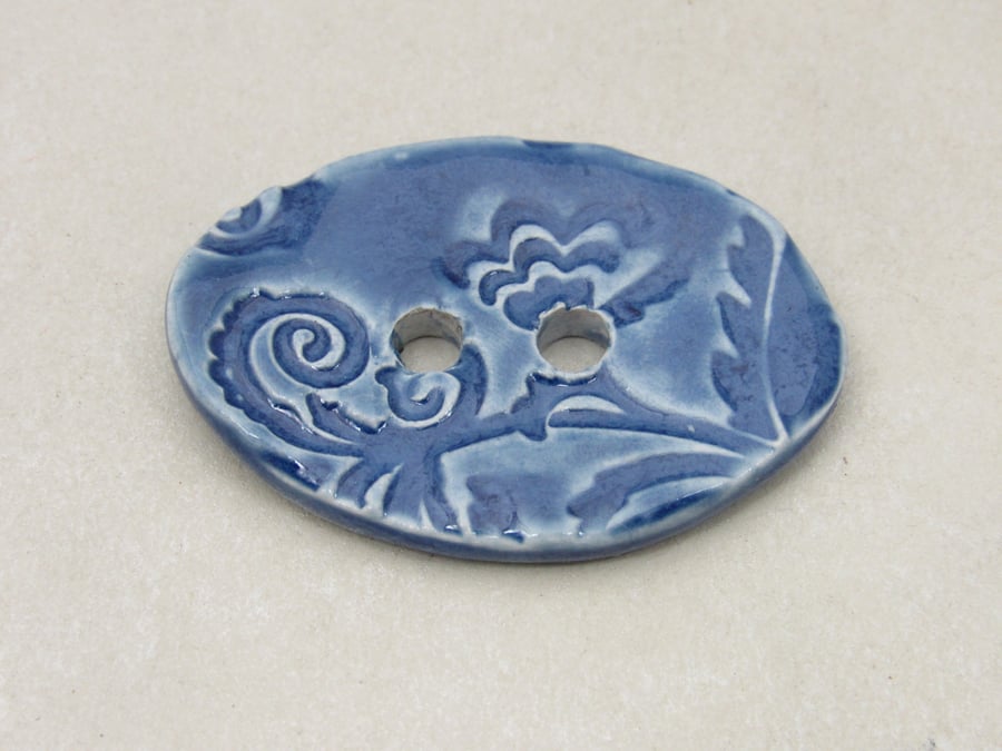 Large Ice Blue Brocade Oval Handmade Ceramic Button