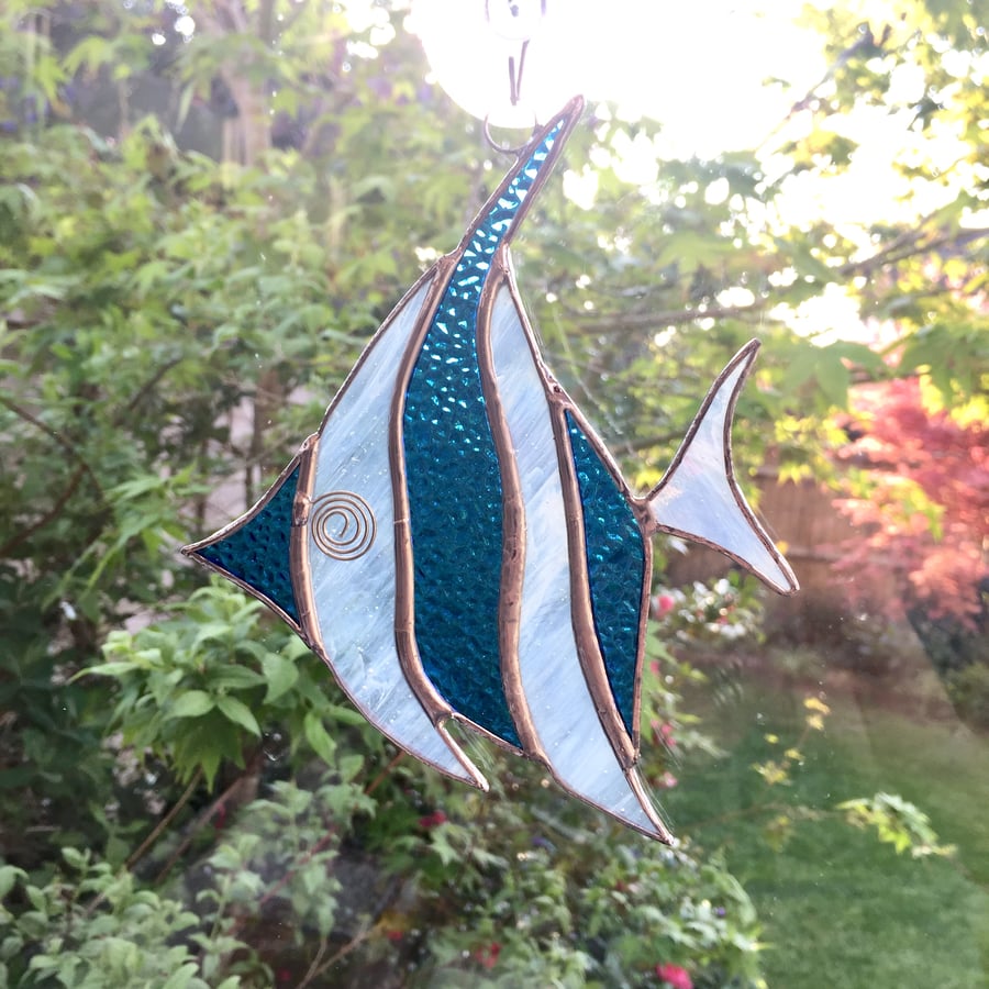 Stained Glass Angel Fish Suncatcher - Handmade Decoration - Blue and White