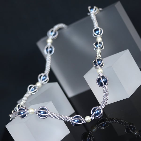 Long Silver and Blue Captured Pearl Necklace