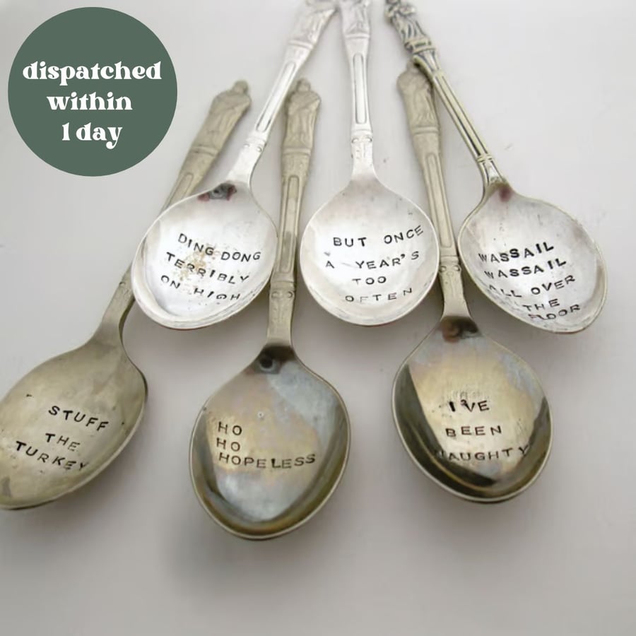 Six Xmas Grumpy Apostle Spoons, Handstamped Vintage Coffeespoons
