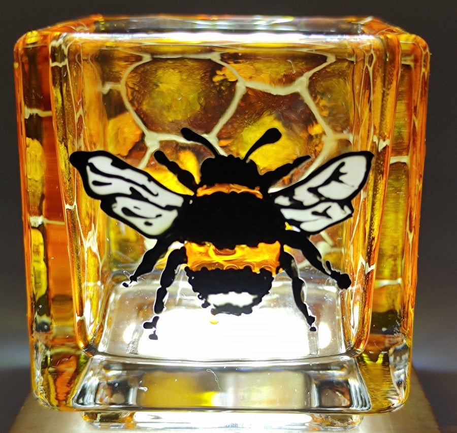 Hand painted glass candle holder, bee and honeycomb 