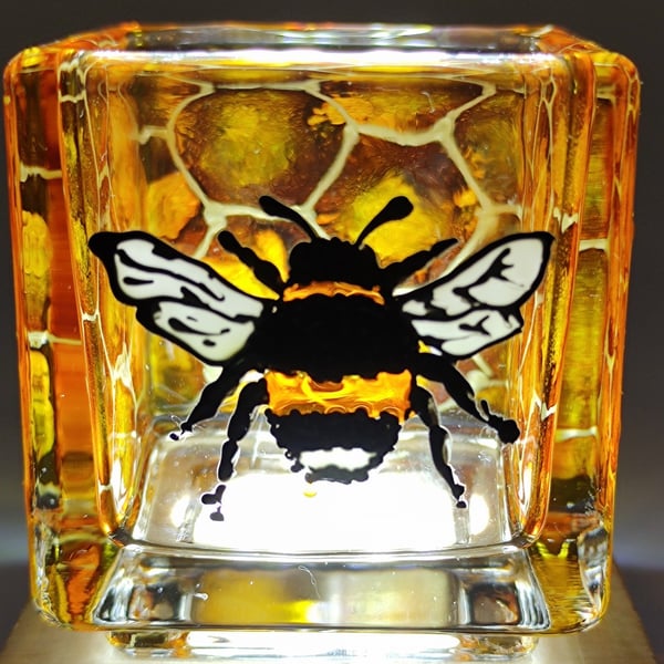 Hand painted glass candle holder, bee and honeycomb 