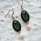 Dainty White Tulip Pearl Drop Earrings 