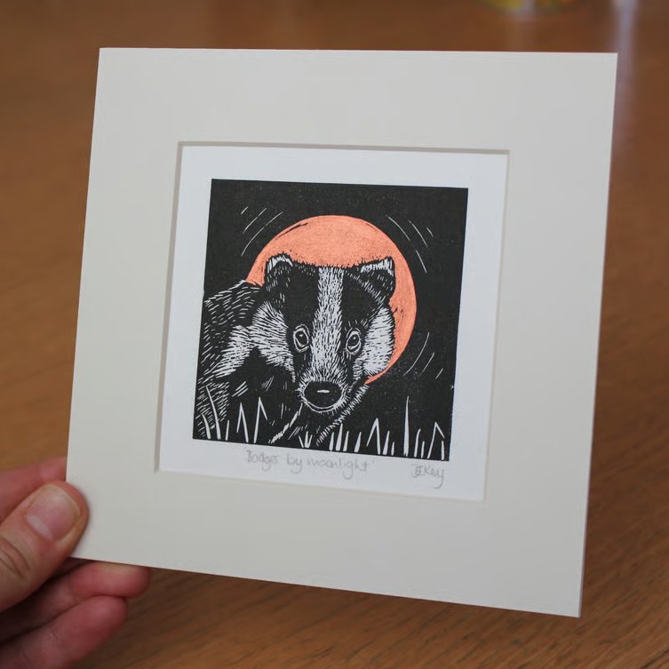 Badger by moonlight - original, hand painted, mounted linocut print