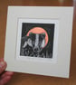 Badger by moonlight - original, hand painted, mounted linocut print