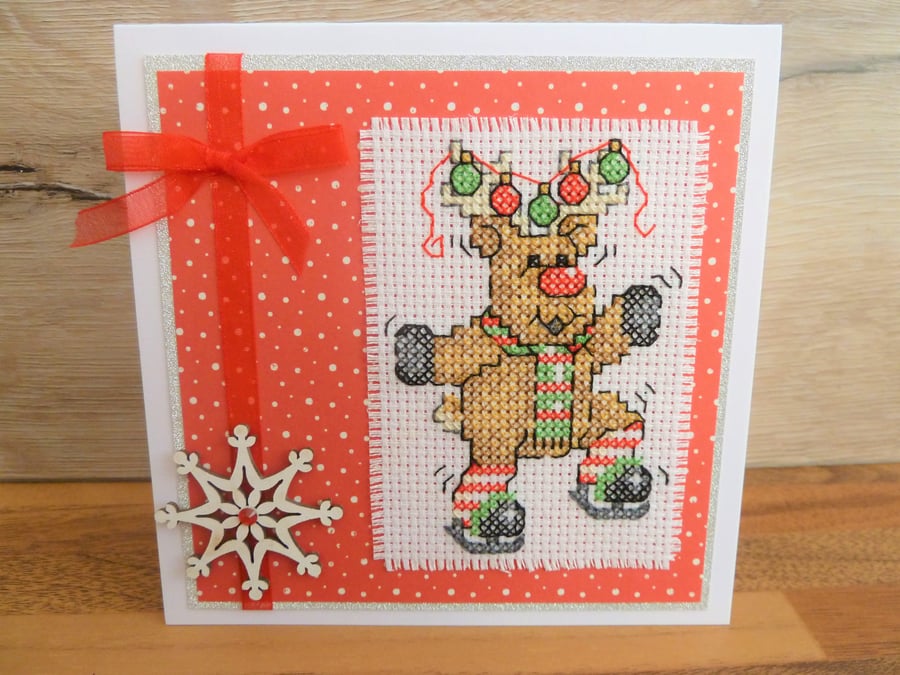 reindeer cross stitch christmas card