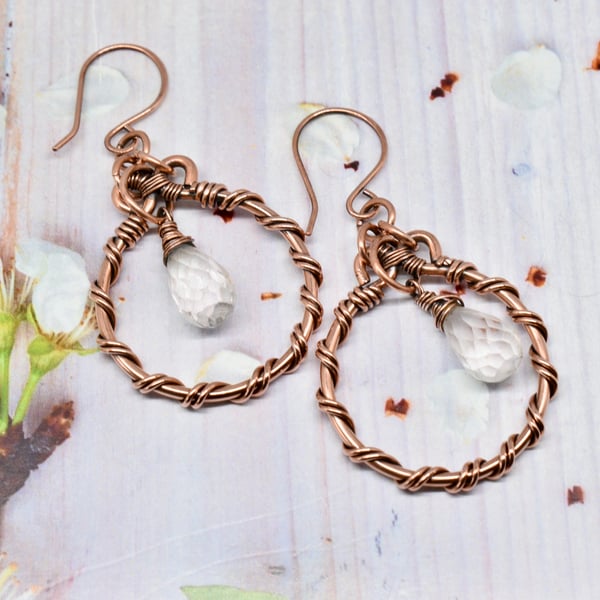 Wire Wrapped Twisted Hoop and Clear Quartz Earrings