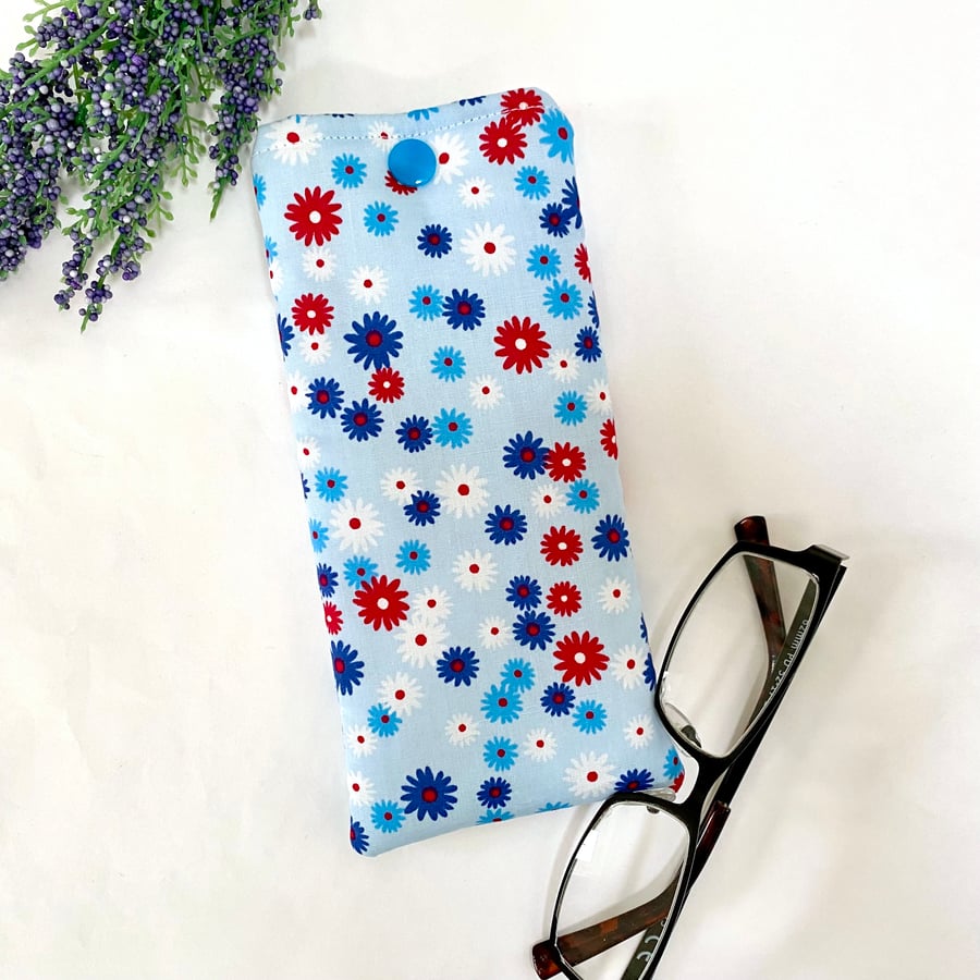Glasses Case Soft Pouch Blue Floral Flowered Fabric Lined with Popper