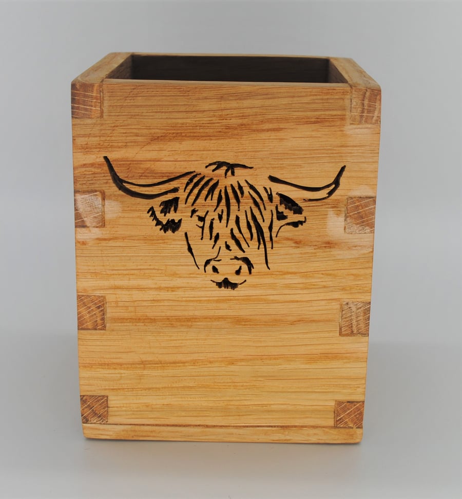 Oak Stationary Box, Desk Tidy - Highland Cattle