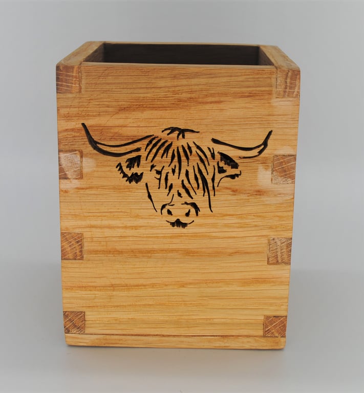 Oak Stationary Box, Desk Tidy - Highland Cattle