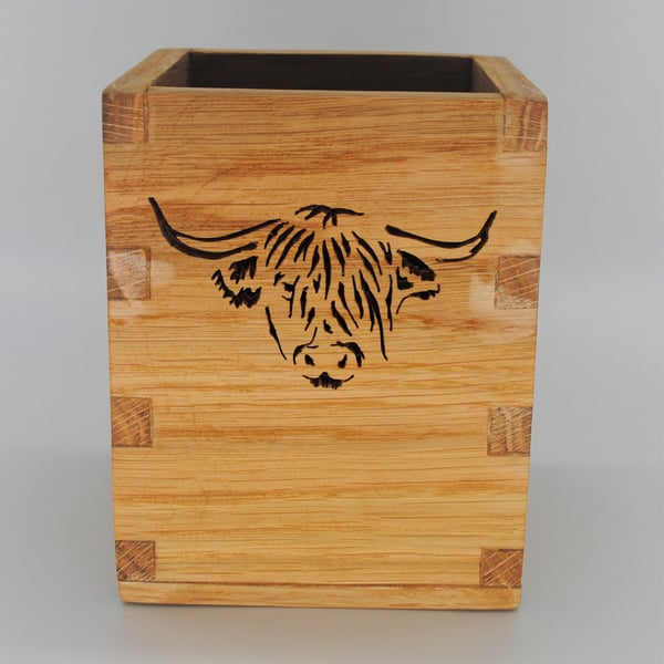 Oak Stationary Box, Desk Tidy - Highland Cattle