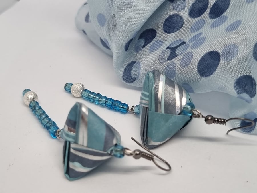 Origami earrings  blue metallic paper and small beads 