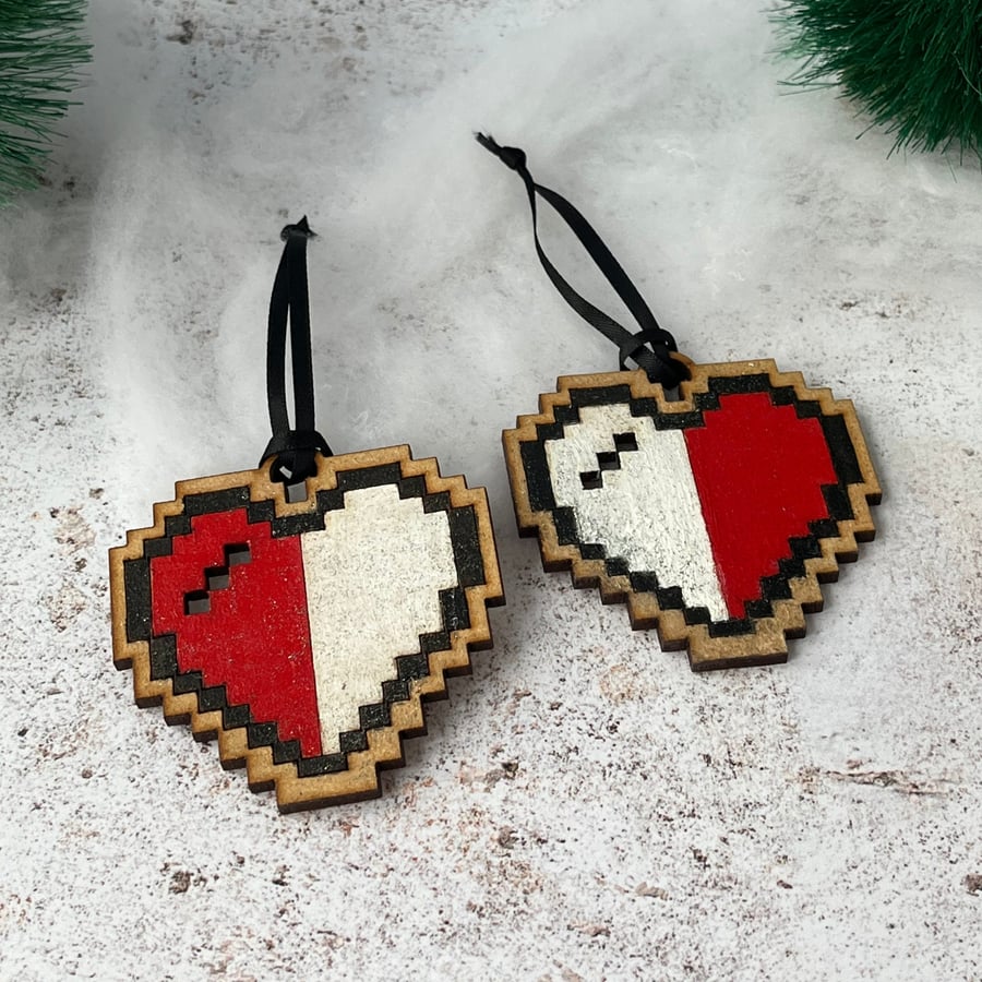 Pixel heart decorations, 2 pixel hearts, hand painted wooden decorations