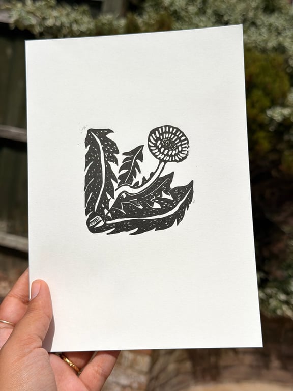 'Dandelion Flower I' A5 Folksy Linocut Print on Fine Art Printmaking Paper