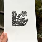'Dandelion Flower I' A5 Folksy Linocut Print on Fine Art Printmaking Paper
