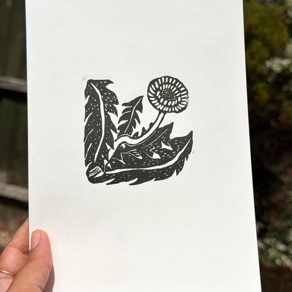 'Dandelion Flower I' A5 Folksy Linocut Print on Fine Art Printmaking Paper