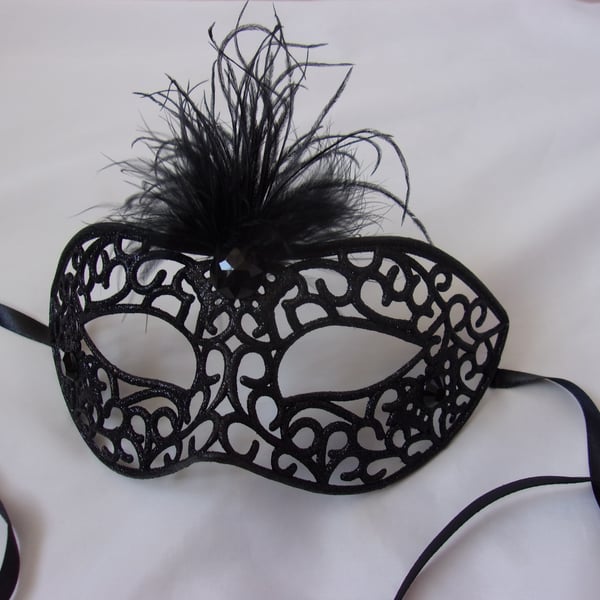 Black Filligree Glittered Feather Bespoke Masquerade Mask