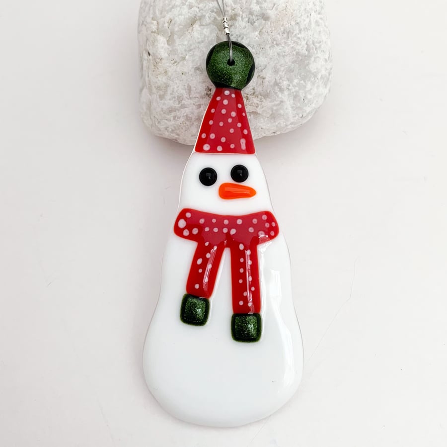 Fused Glass Red and Green Snowman - Handmade Glass Christmas Decoration