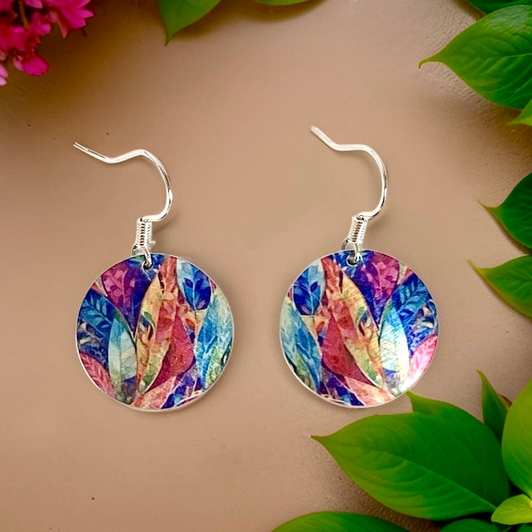 Drop earrings, colourful leaf discs on sterling silver ear wires (832)