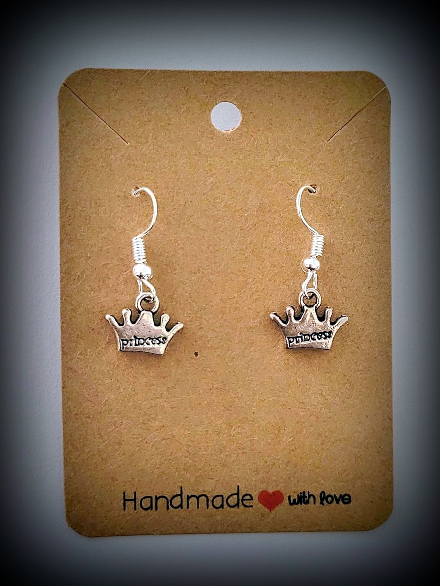 Silver Mini Princess Crown Charm Dangle Earrings on Silver Plated Earring Hooks