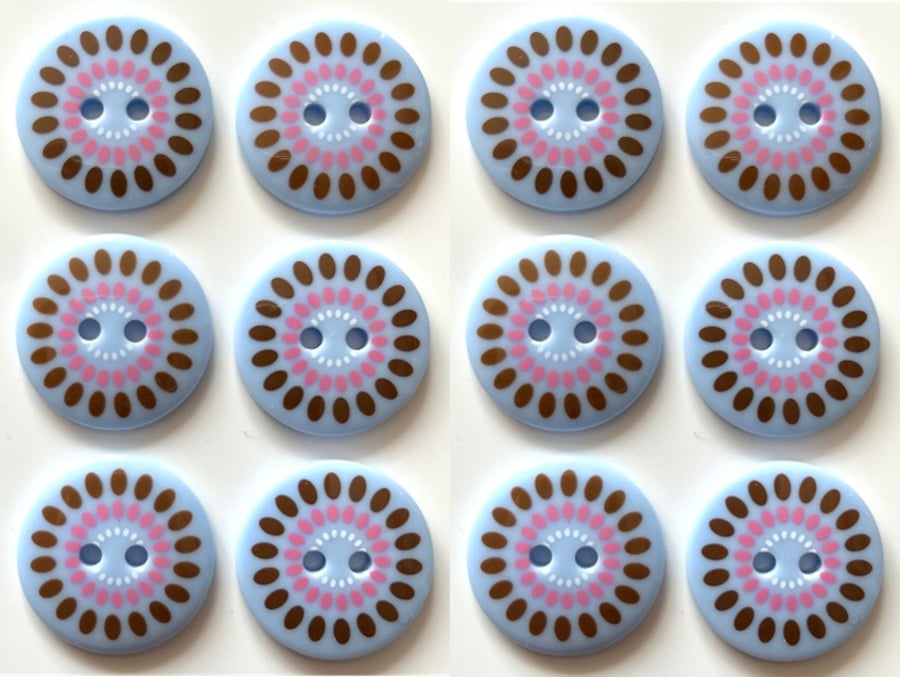 12 Bright Buttons, 19mm Wide, Pink and Brown Flower on Blue, Bright, Bold