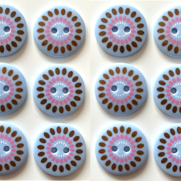 12 Bright Buttons, 19mm Wide, Pink and Brown Flower on Blue, Bright, Bold