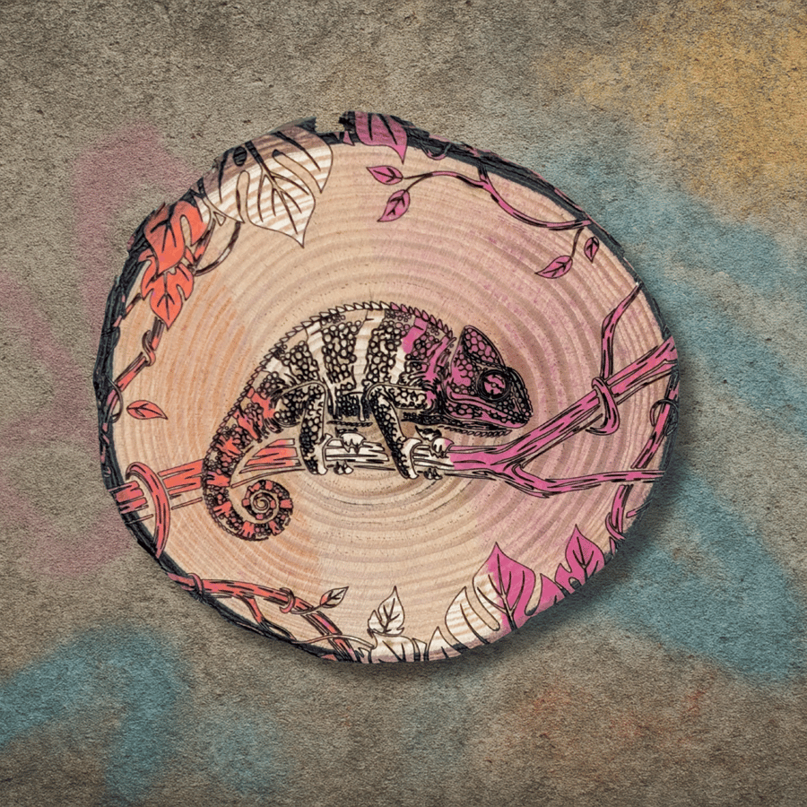 Hand-Painted & Laser Engraved Chameleon Wood Plaque