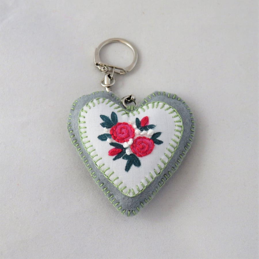 SALE Keyring - Stencilled and Embroidered Red Rose Posy