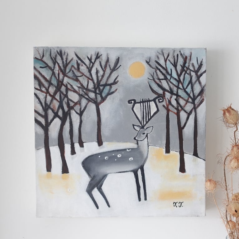 Winter Landscape, Deer Painting, Whimsical Artwork, Original Animal Art 