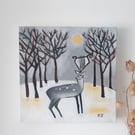 Winter Landscape, Deer Painting, Whimsical Artwork, Original Animal Art 
