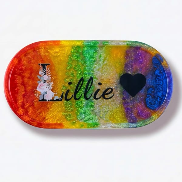 Handmade Resin Personalised Rainbow Trinket Tray  –  Custom Name Gift