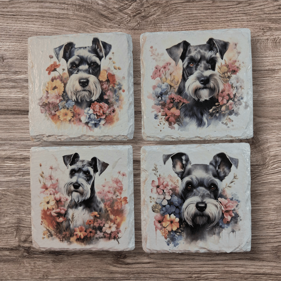 Schnauzer Dog Decoupaged Slate Coasters Set of 4