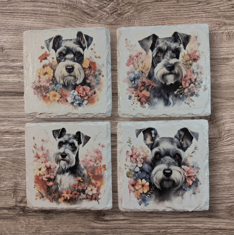 Schnauzer Dog Decoupaged Slate Coasters Set of 4