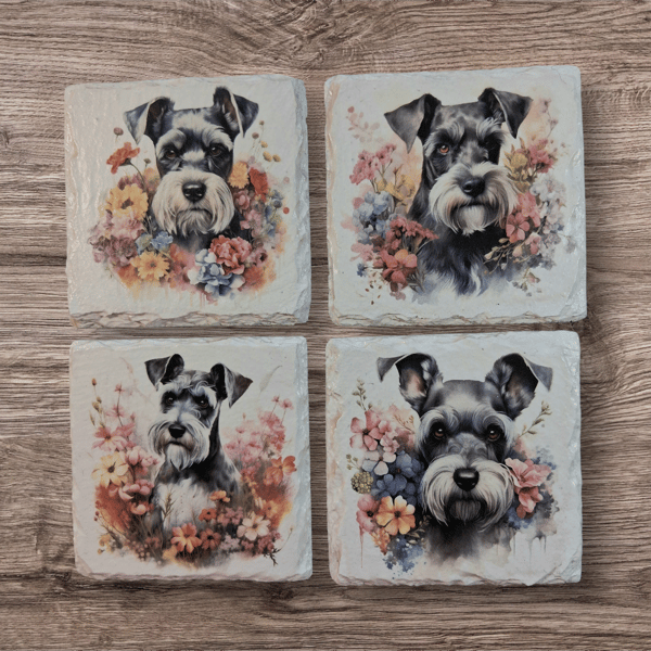 Schnauzer Dog Decoupaged Slate Coasters Set of 4