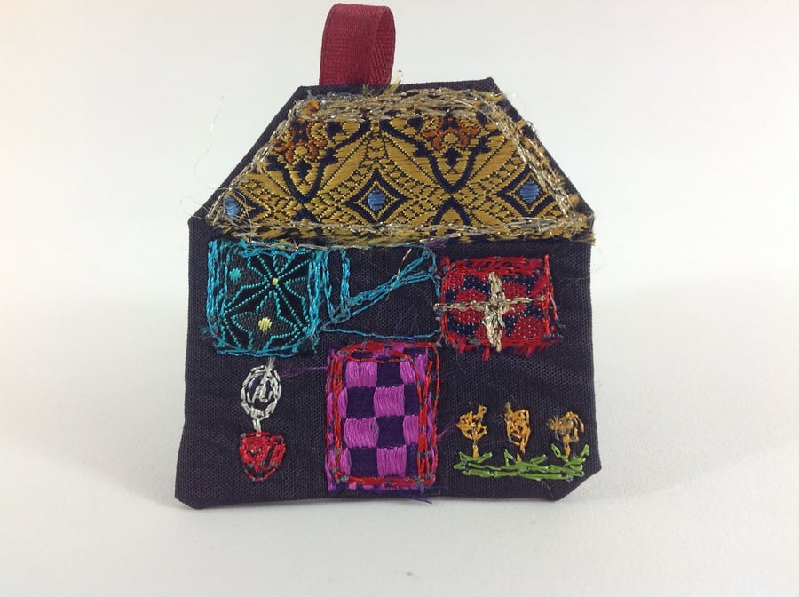 Textile Art House Brooch. Purple Cottage
