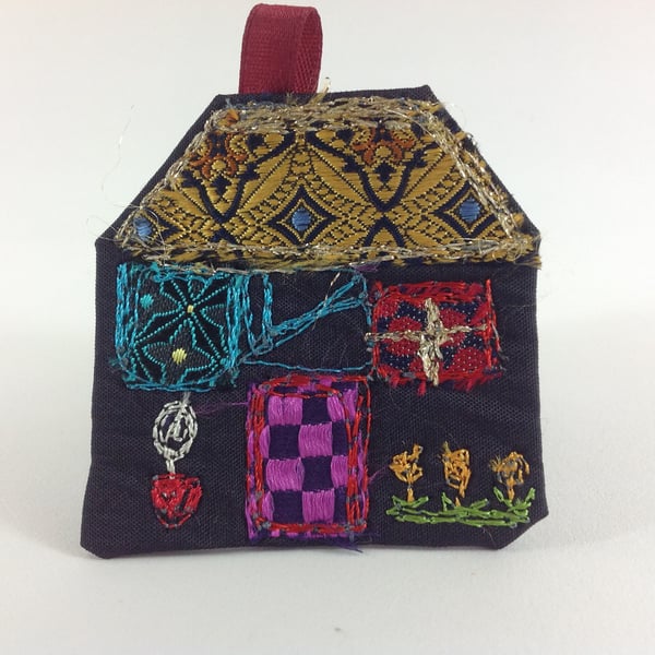 Textile Art House Brooch. Purple Cottage